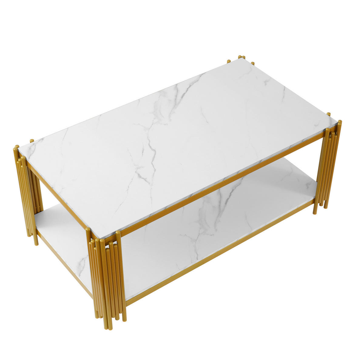 COUCHTISCH 114/64/46 cm weiß gold aus MDF mit 2 Ablagen - Weiß, Holzwerkstoff (114/64/46cm) - OKWISH