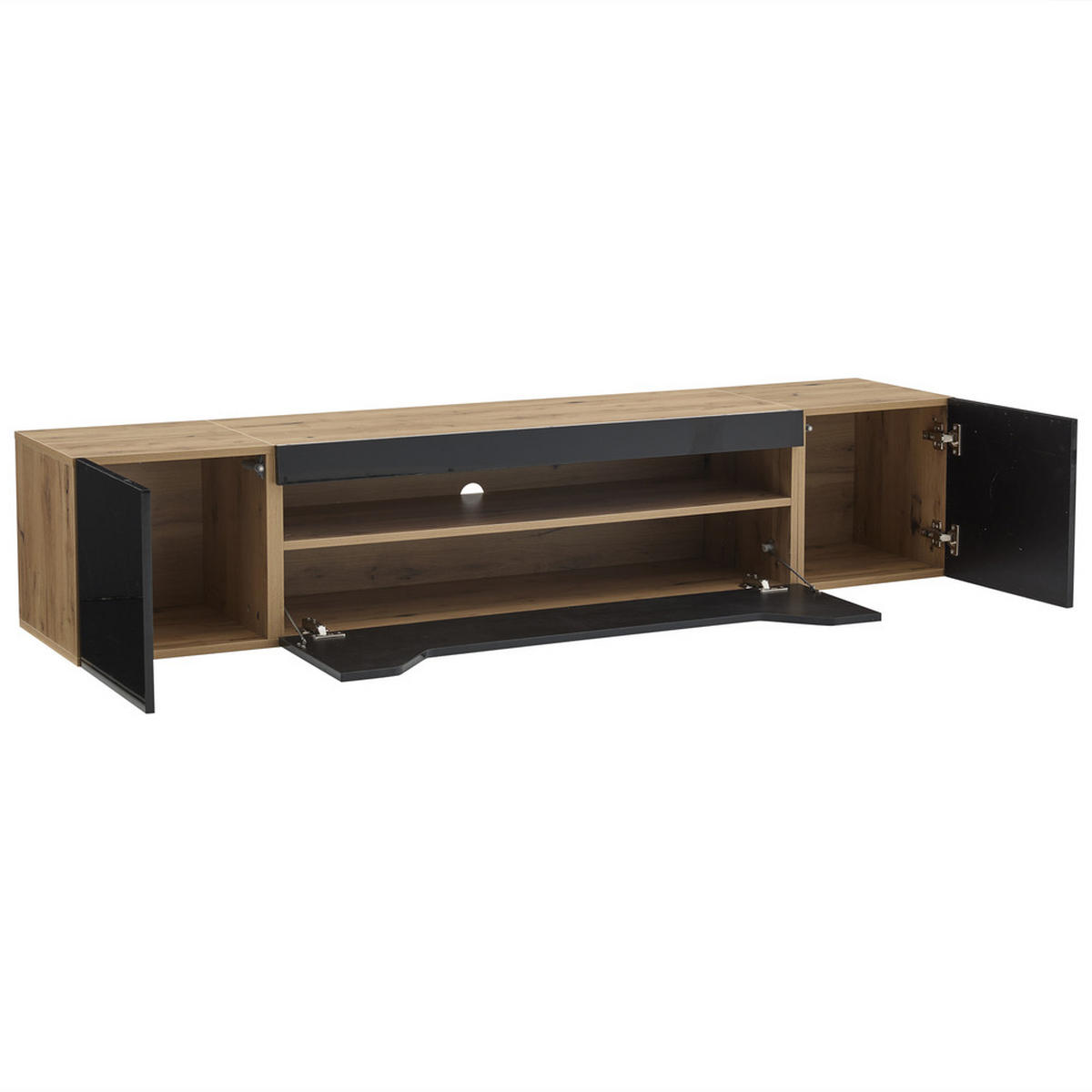 TV-SCHRANK 180x37cm wandmontierbar Hochglanz LED 3 Fächer Schwarz & Naturholz - Braun, Holz (44.5/14/120.78cm) - FLIEKS