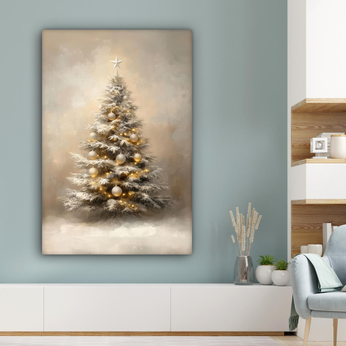 LEINWANDBILD Weihnachten - Weihnachtsbaum - Schnee - Kunst Deko XXL 80x120 cm - Champagner, Textil (80/120cm) - MuchoWow