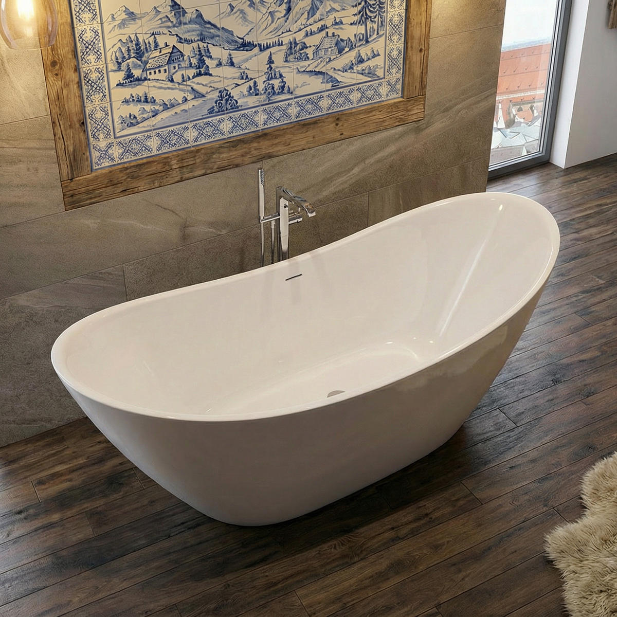 BADEWANNE ivar freistehend 180x80 cm, Set mit Klick-Klack-Ablauf - Weiß, Kunststoff (80/76/180cm) - bad land
