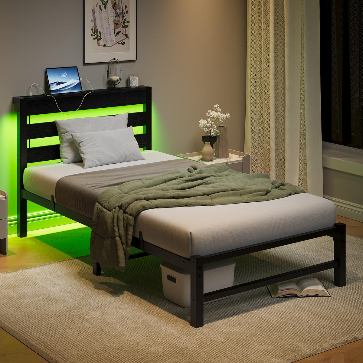 METALLBETT 90x200 cm LED USB Stauraum - Schwarz, Metall (90/200cm) - Fortuna Lai