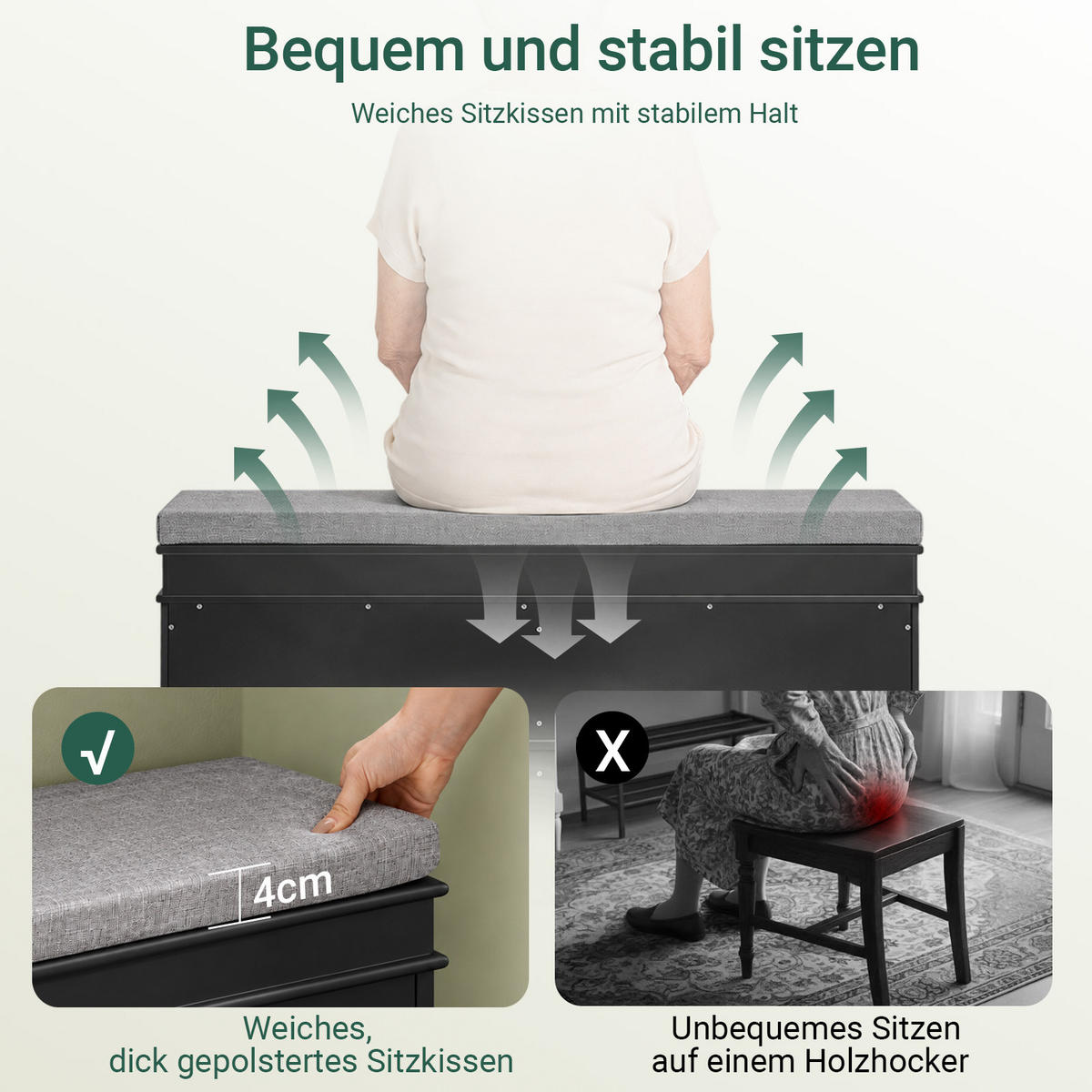 SCHUHBANK schwarz, 104x52x24 cm, Sitzpolster, 2 Klappen für 8 Paar, bis 150 kg, verstellbare Böden, für Flur & Diele - Schwarz, Holzwerkstoff (104/52/24cm) - SoBuy