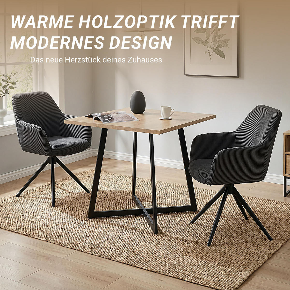 ESSTISCH in Eiche Schwarz 80/80/76 cm - Schwarz/Weiß, Holzwerkstoff/Metall (80/80/76cm) - Homestyle4u