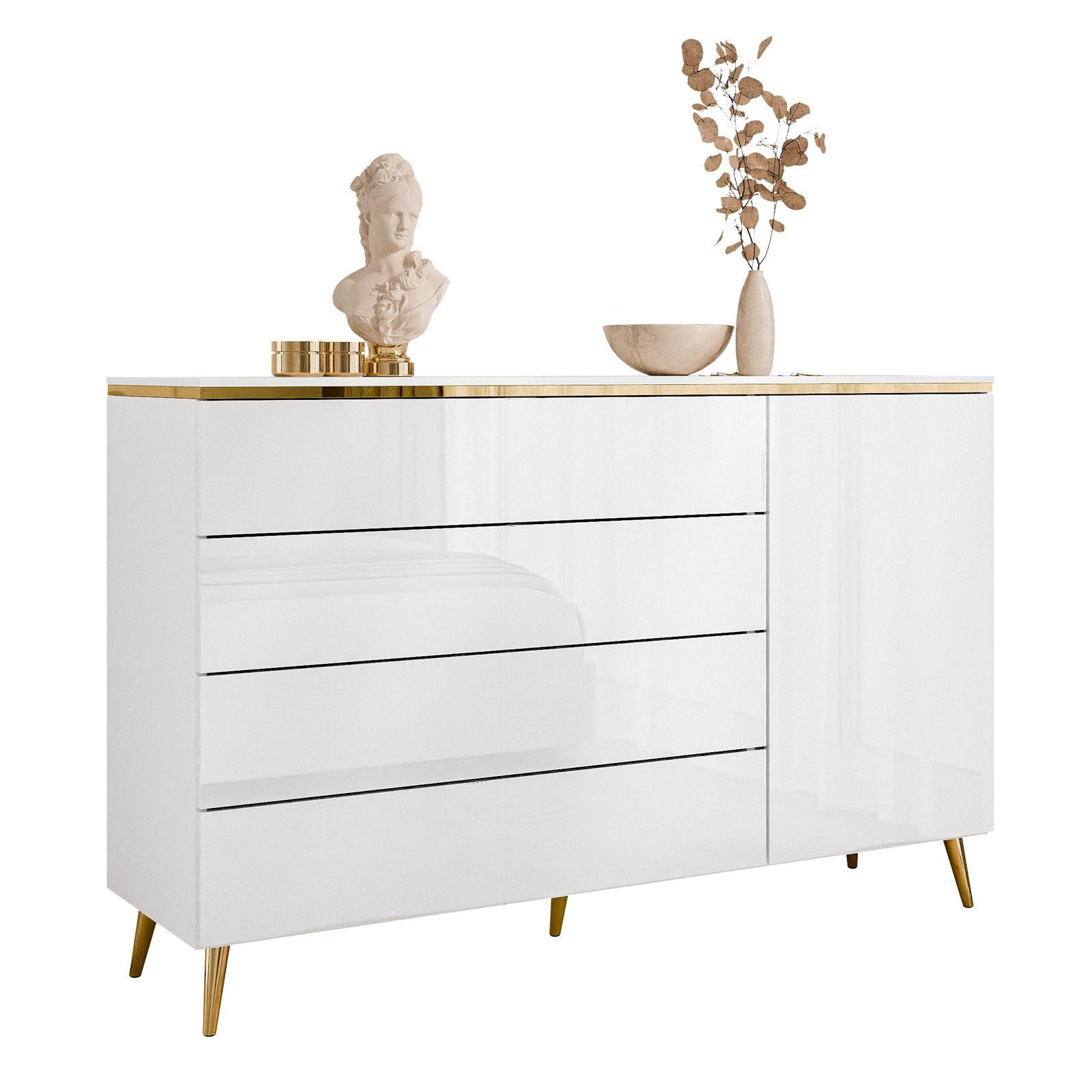 KOMMODE AURORA 4S1D Weiß / Weiß hochglanz mit schräge Goldchrom Fuße - Weiß Hochglanz/Goldfarben, Holzwerkstoff/Metall (140/90/40cm) - Lookway