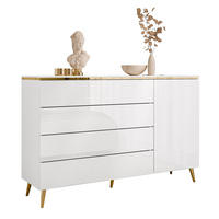 KOMMODE AURORA 4S1D Weiß / Weiß hochglanz mit schräge Goldchrom Fuße - Weiß Hochglanz/Goldfarben, Holzwerkstoff/Metall (140/90/40cm) - Lookway