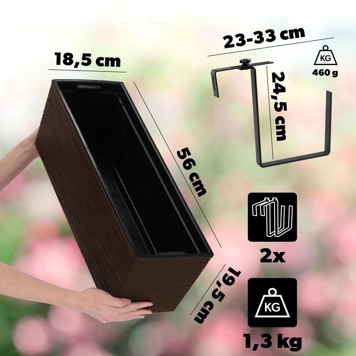 BALKONBLUMENTOPF mit Einsatz und 2 Griffe 56 cm, Mokka - Mokka, Kunststoff (18/56cm) - KADAX