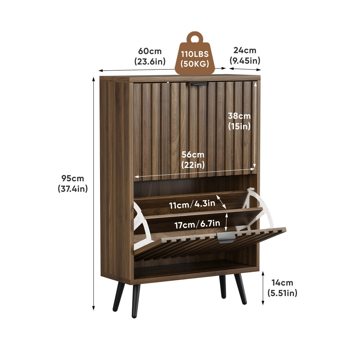 SCHUHSCHRANK Walnuss 60/24/95 cm - Walnussfarben, Holzwerkstoff (60/95/24cm) - PANGIVO
