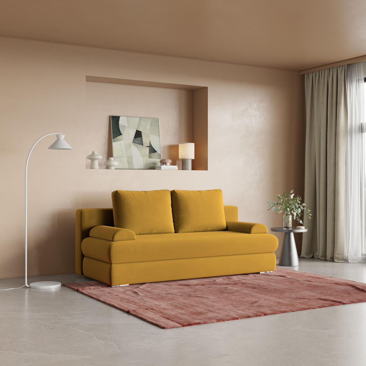 POHOVKA ASPERO, Plyšová látka KRONOS, Žlutá - stříbrná/žlutá, kompozitní dřevo/textil (200/75/95cm) - MASSENO