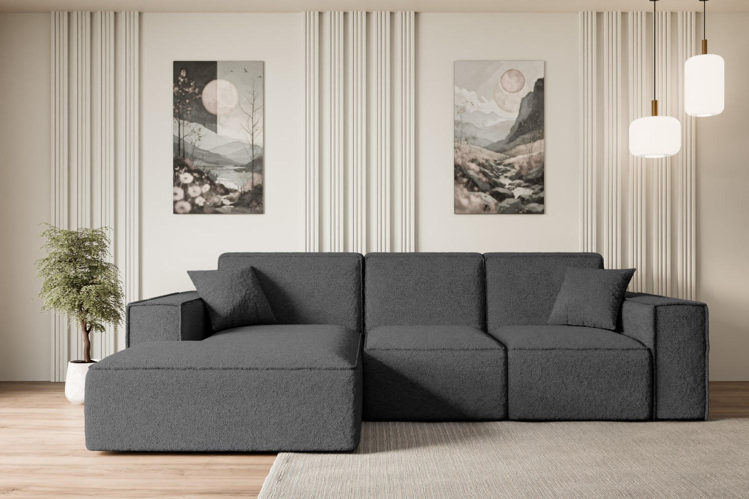 ECKSOFA Ottomane Links SERRA-L - 266x165x73 cm Grau Bouclé - Schwarz/Grau, Holzwerkstoff/Kunststoff (165/266cm) - ALTDECOR