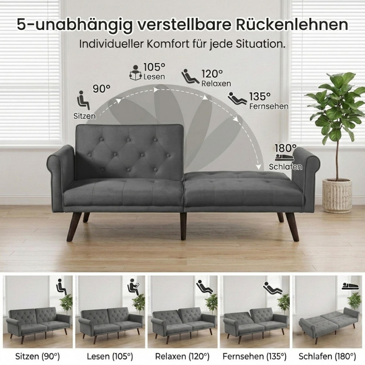SCHLAFSOFA 150/89/70 cm in Grau Samt mit Verstellbarer Rückenlehne - Grau, Textil (172/70/89cm) - Oxeza