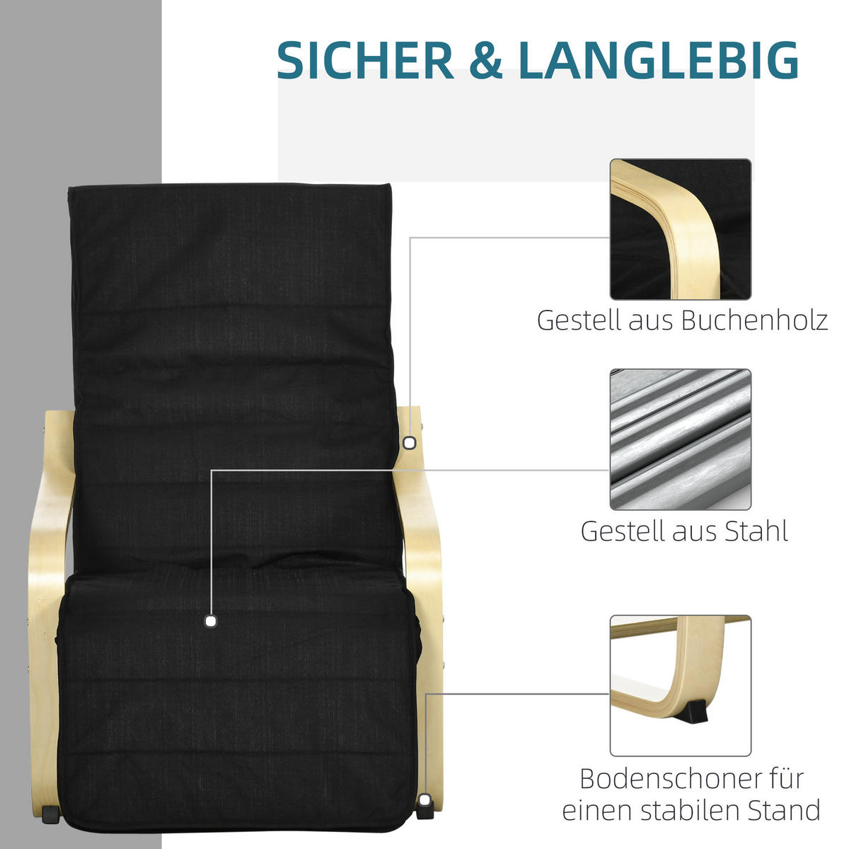 RELAXSESSEL Schwingstuhl, Ruhesessel, Relaxstuhl mit Verstellbarem Fußteil - Schwarz, Holz (94/100/66.5cm) - HOMCOM