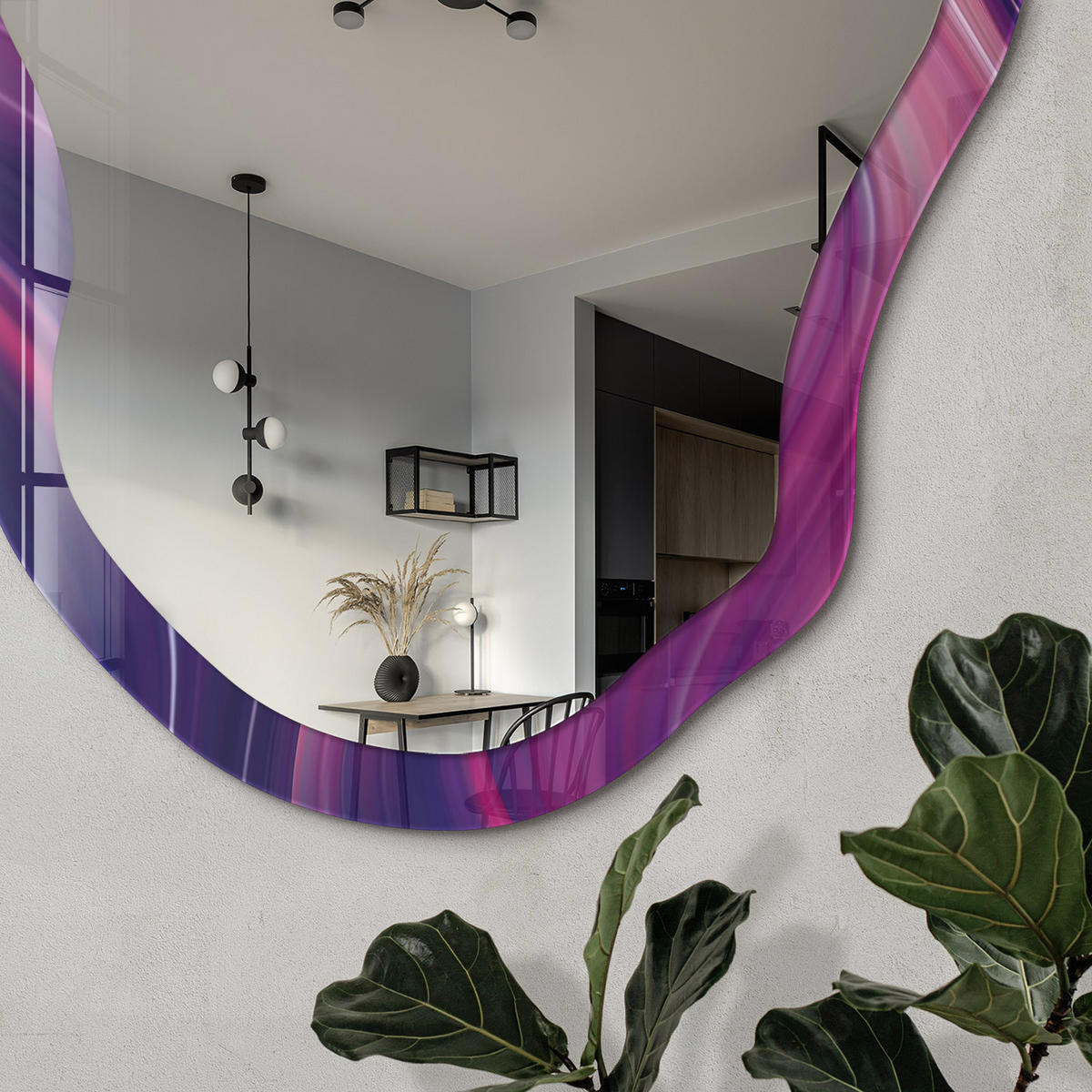 SPIEGEL 90x45 cm asymmetrisch mit Druck - Energieleitungen - Transparent, Glas (45/90/0.4cm) - TULUP