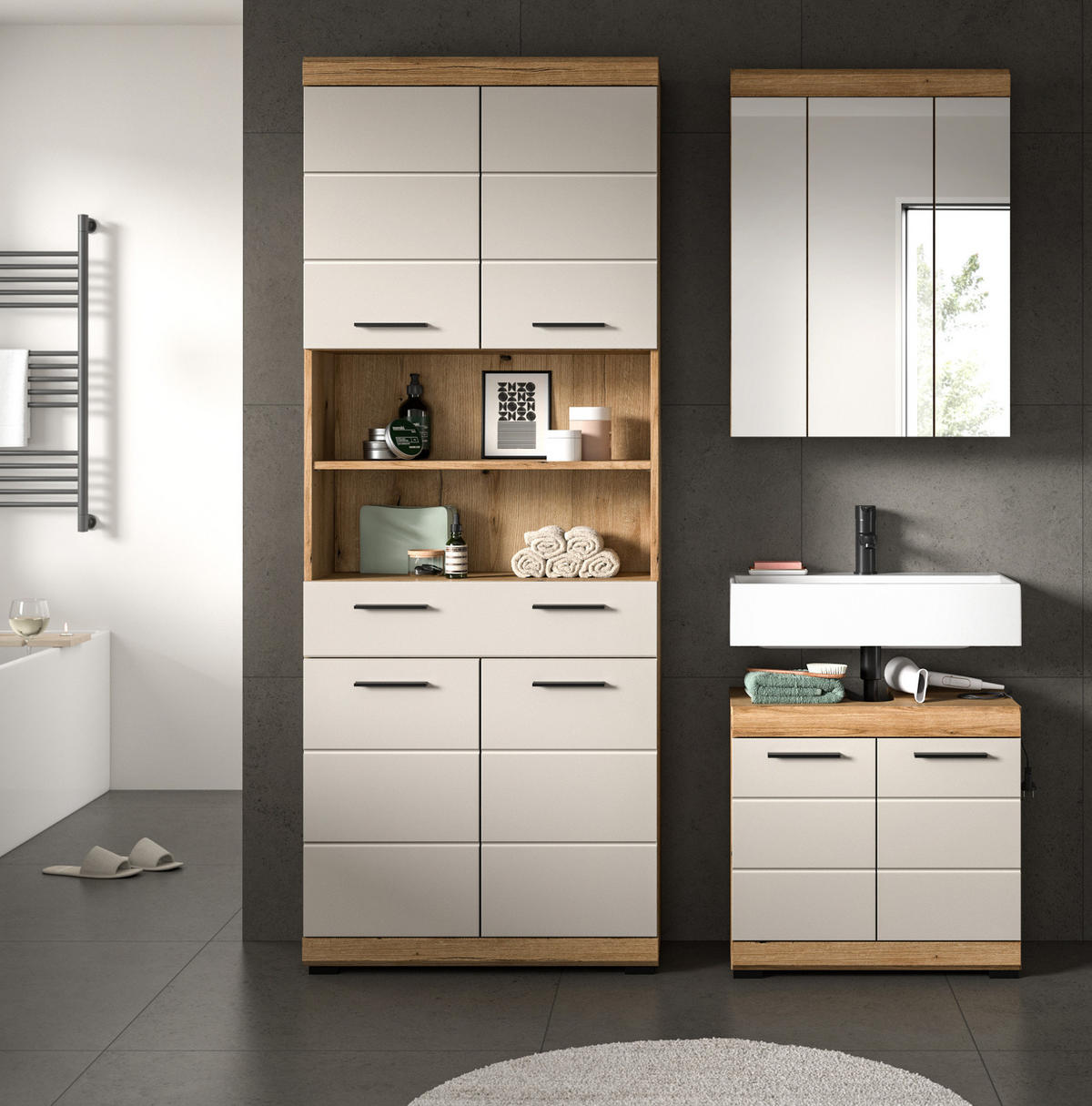 BADMÖBEL Set 3-teilig in Sand Kaschmir und Evoke Eiche Badkombination 149 x 191 cm Shawn - Kaschmir/Eichefarben, Glas/Holzwerkstoff (149/191/34cm) - Inn.Furn