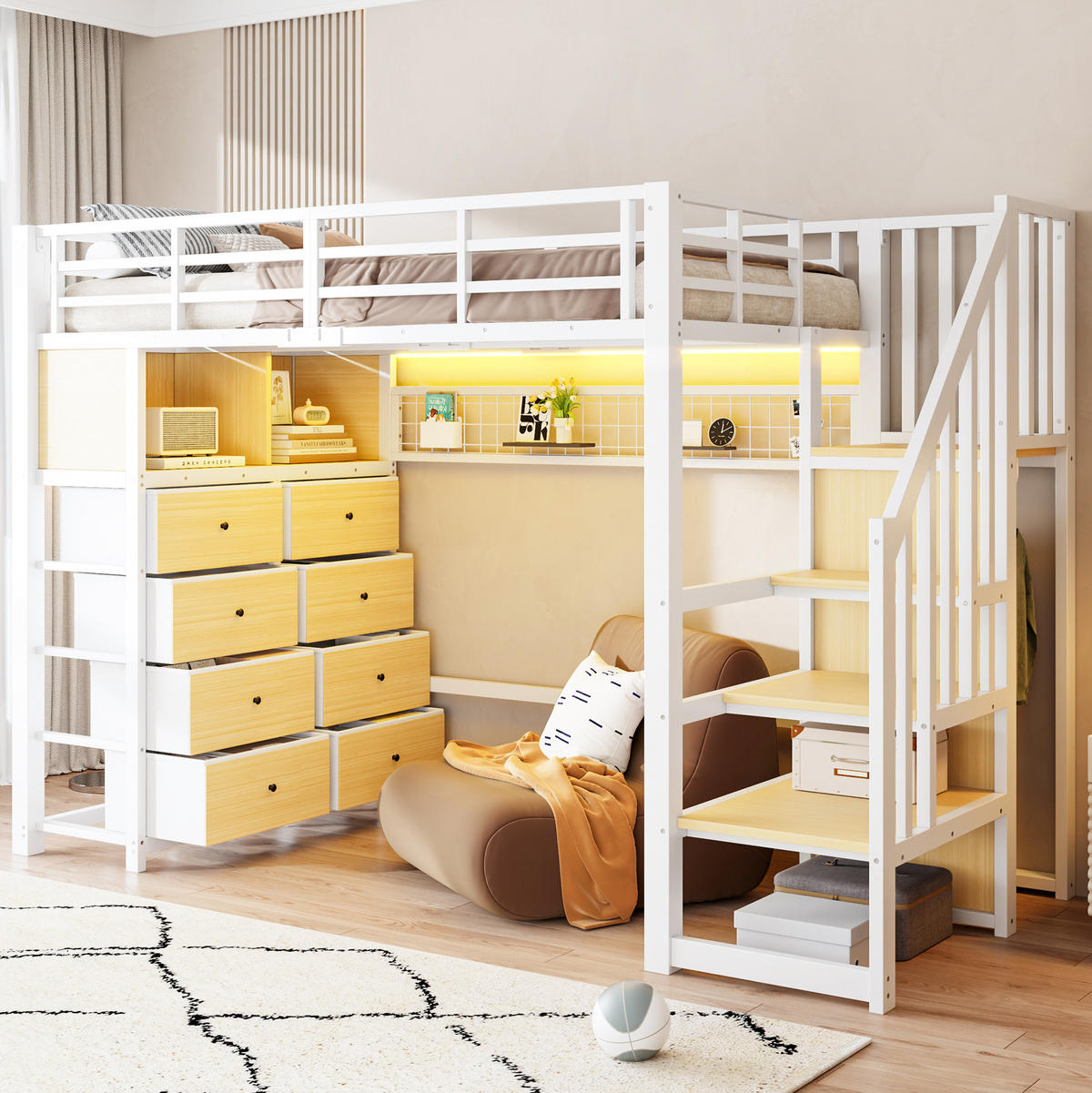 HOCHBETT aus Metall und MDF 90x200 cm Weiß mit 8 Schubladen, Stauraumtreppe und LED-Beleuchtung - Weiß, Holzwerkstoff (90/200cm) - IVMEU