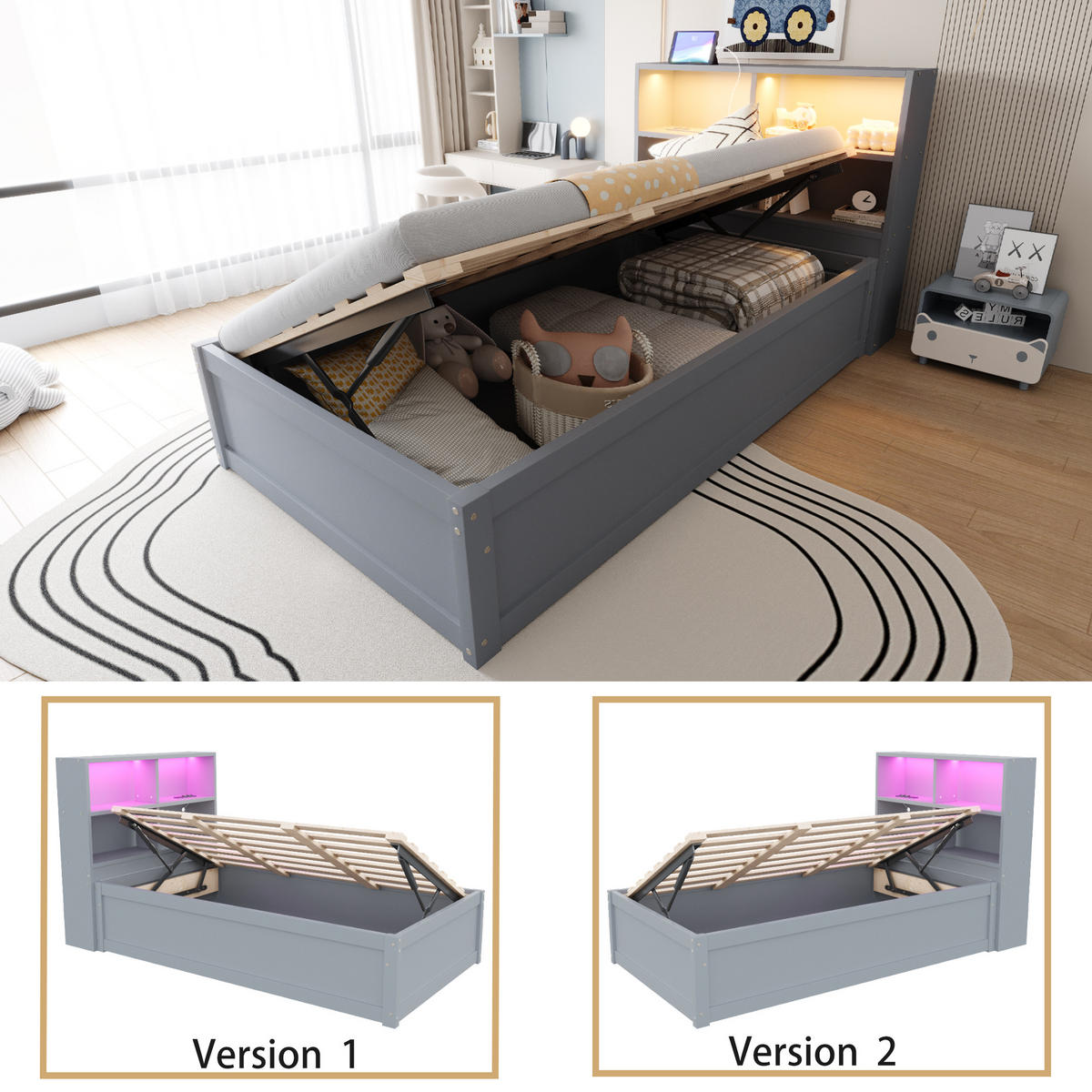 ČALOUNĚNÁ POSTEL 90x200cm Masiv Dřevo LED USB Úložná Šedá - šedá, dřevo (90/200cm) - FLIEKS