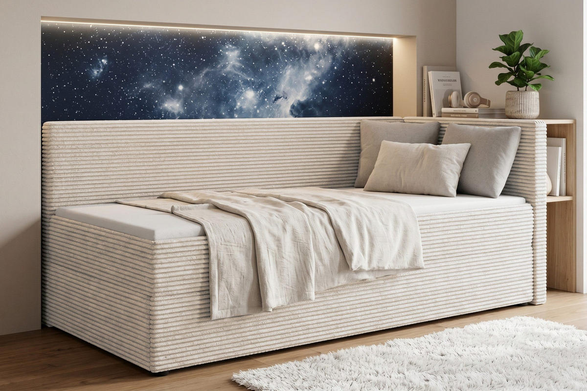 BOXBETT ROBERTO 100/200 in Cord Ecru H4 rechts - Ecru, Holz/Holzwerkstoff (100/200cm) - Deine Möbel 24