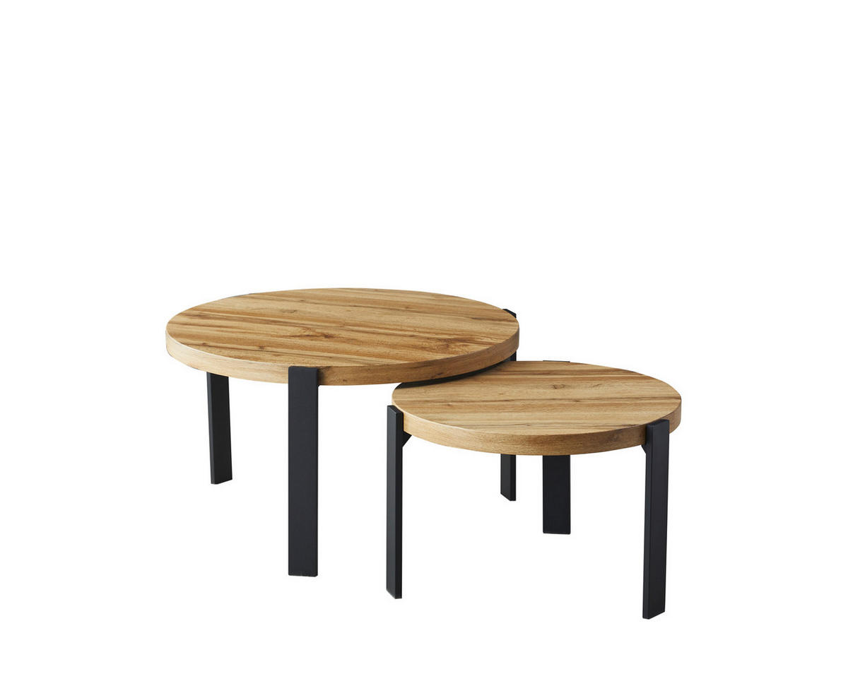 COUCHTISCH rund Set Echtholz Eiche Artisan Schwarz 80x45/60x40 cm - Eichefarben/Schwarz, Holzwerkstoff (80/80/45cm) - designimpex