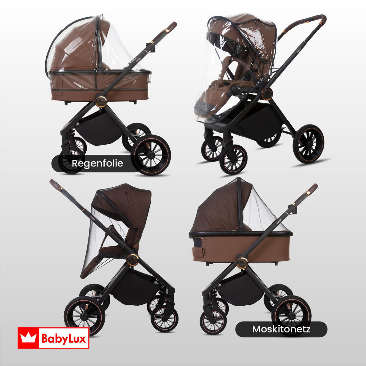 KINDERWAGEN Castor 4in1 Grau Babywanne, Reisebuggy, Autositz, Isofix Basis - Schwarz/Grau, Textil/Metall (58/98cm) - BabyLux