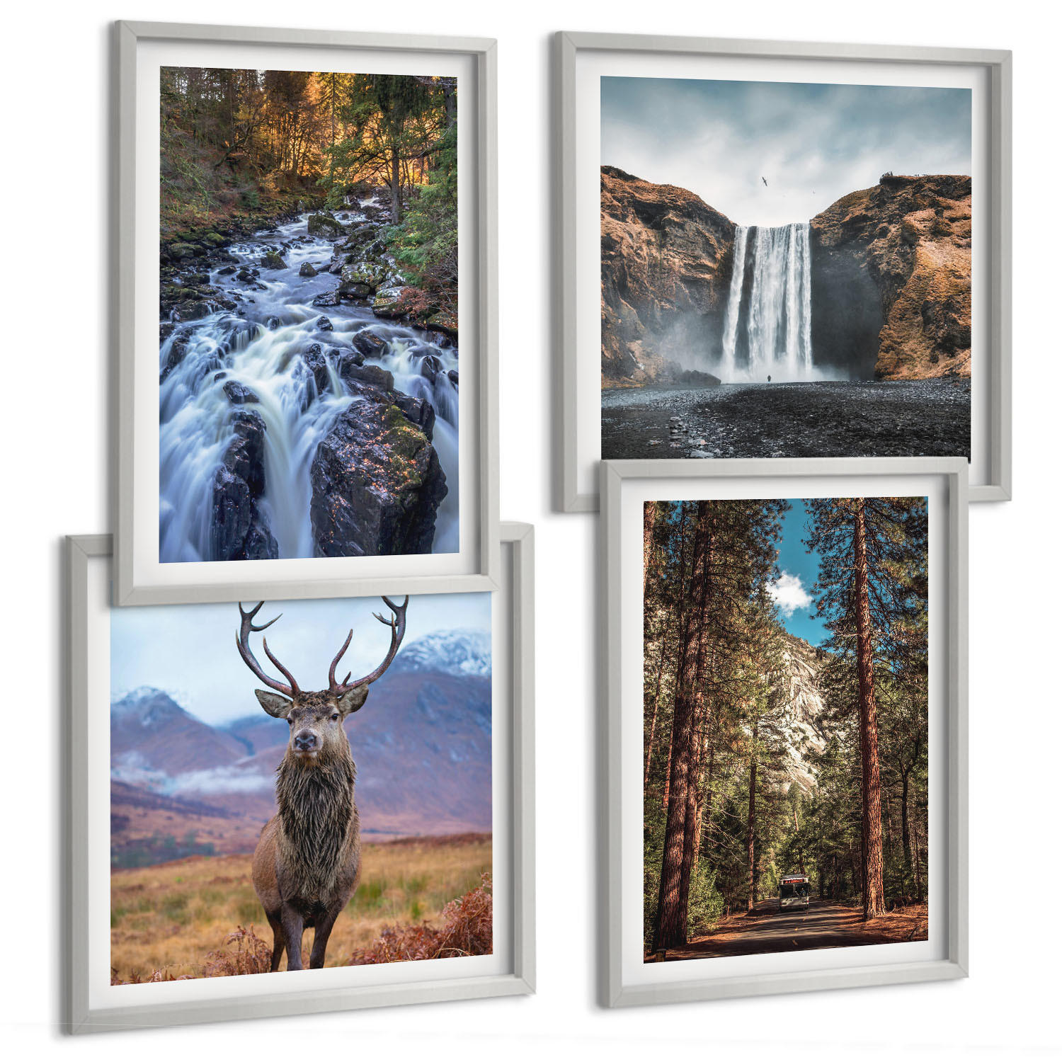 BILDER SET 4er Set - 50x50 cm & 40x60 cm Silberner Rahmen - Wasserfall Wald Berge Hirsch Natur - Silberfarben, Kunststoff (50/50cm) - TULUP