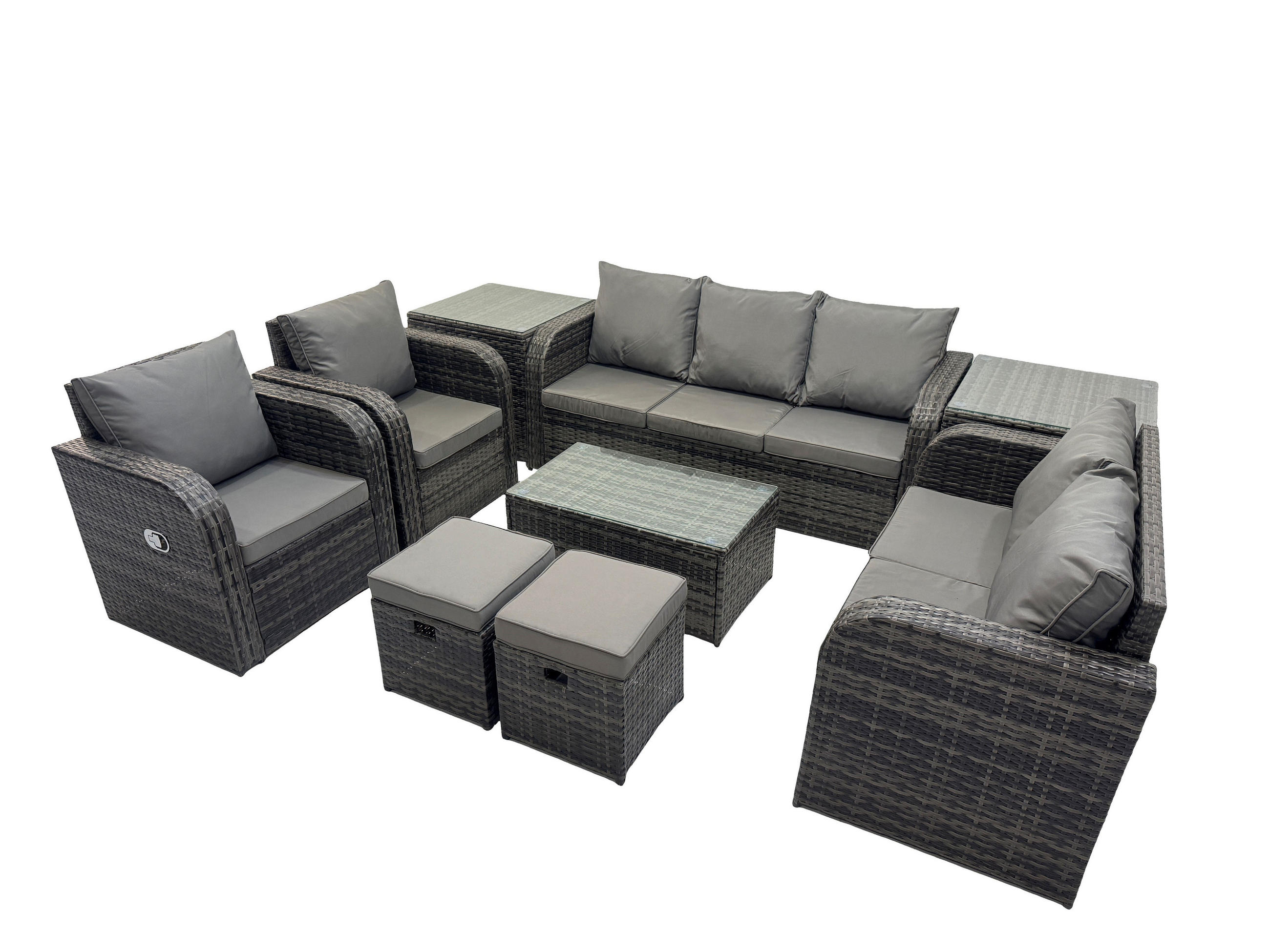 GARTENMÖBELSET mit Couchtisch Polyrattan 9-Sitzer - Dunkelgrau/Grau, Glas/Kunststoff - Fimous