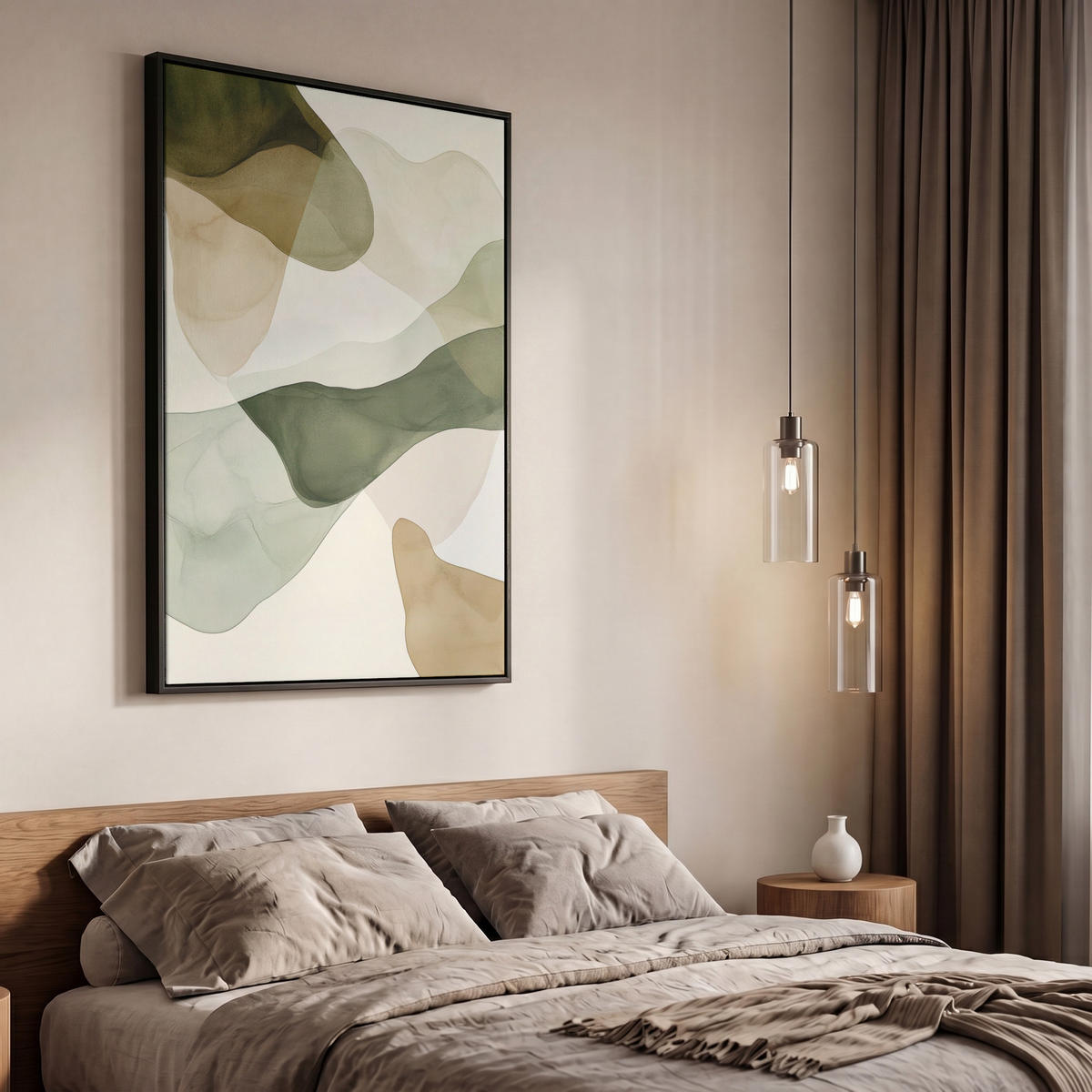 LEINWAND Bilder mit Rahmen - Japandi - Abstrakt - Grün - 60x90 - Salbeigrün, Textil (60/90cm) - MuchoWow