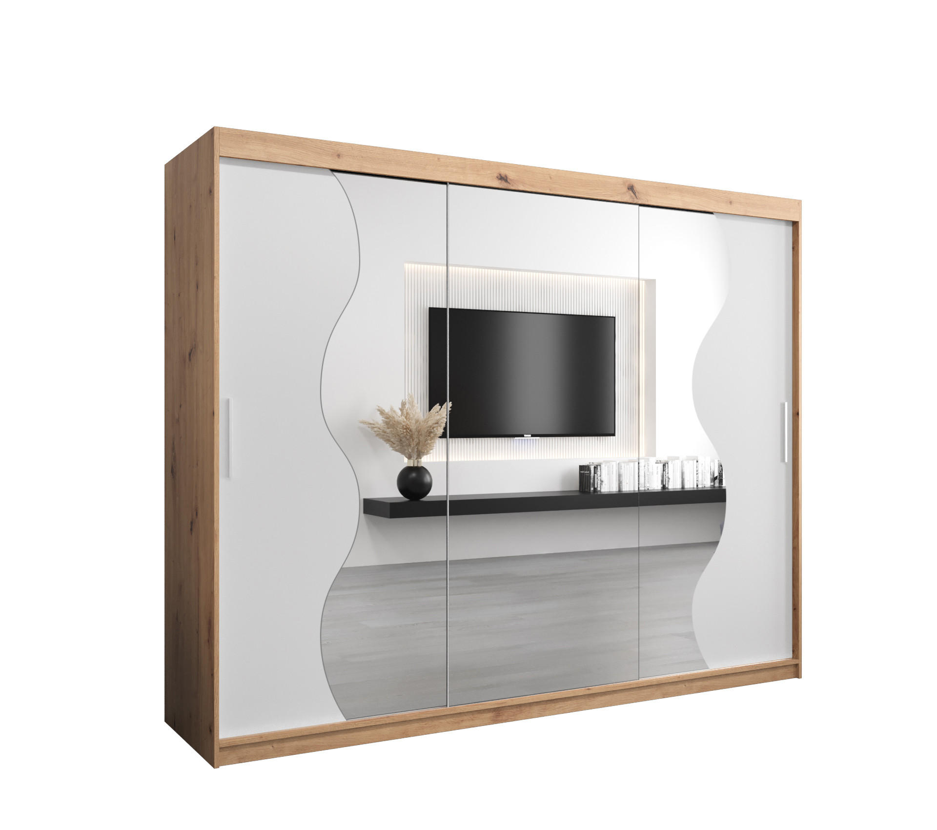 Möbel Kryspol Schwebetürenschrank Eiche Artisan, Weiß 250x200x62 cm