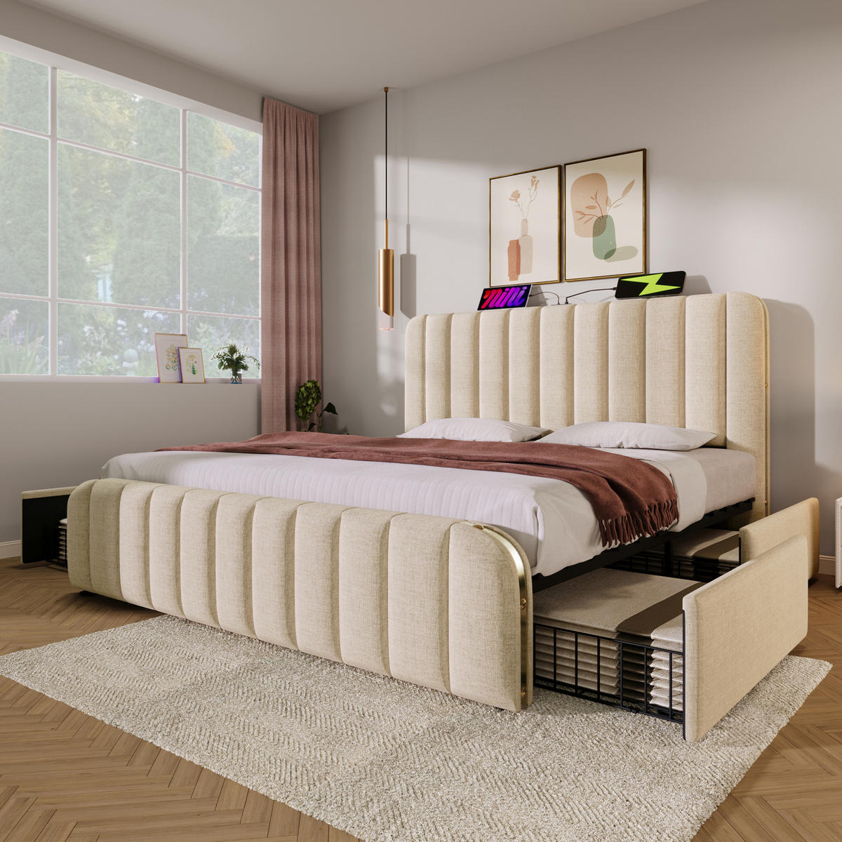 POLSTERBETT 180/200 cm Beige mit USB Typ-C Ladefunktion und 4 Schubladen - Beige, Textil (180/200cm) - OKWISH