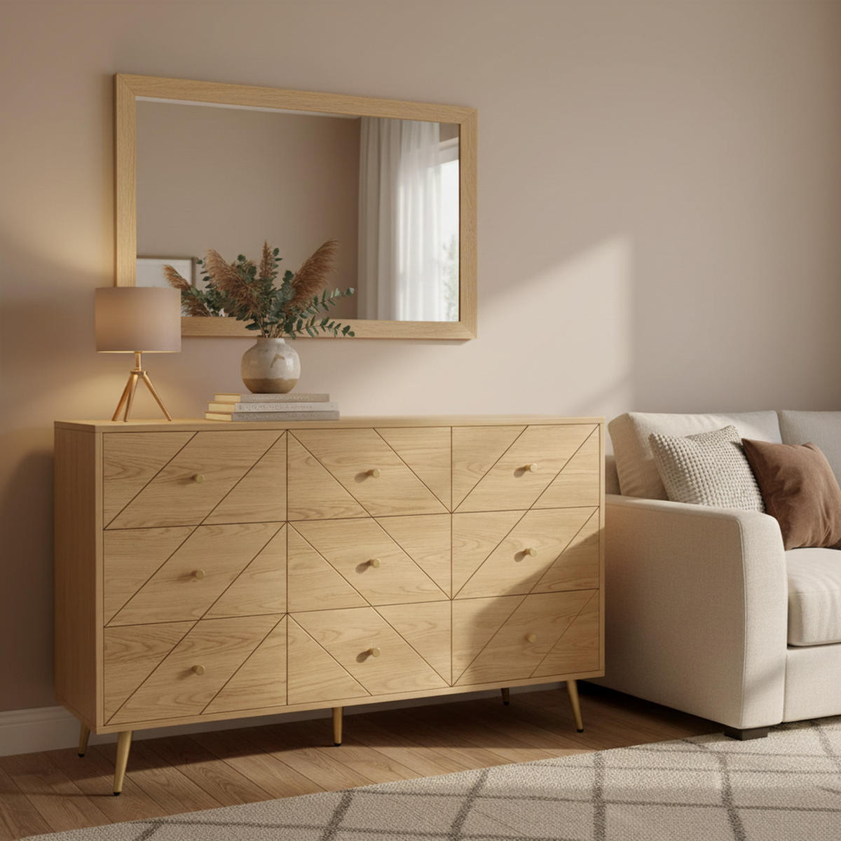 SIDEBOARD mit 9 Schubladen, Eisenbeinen & geometrischem Muster - Sonoma Eiche, Holzwerkstoff/Metall (120/80/39cm) - Urban Meuble