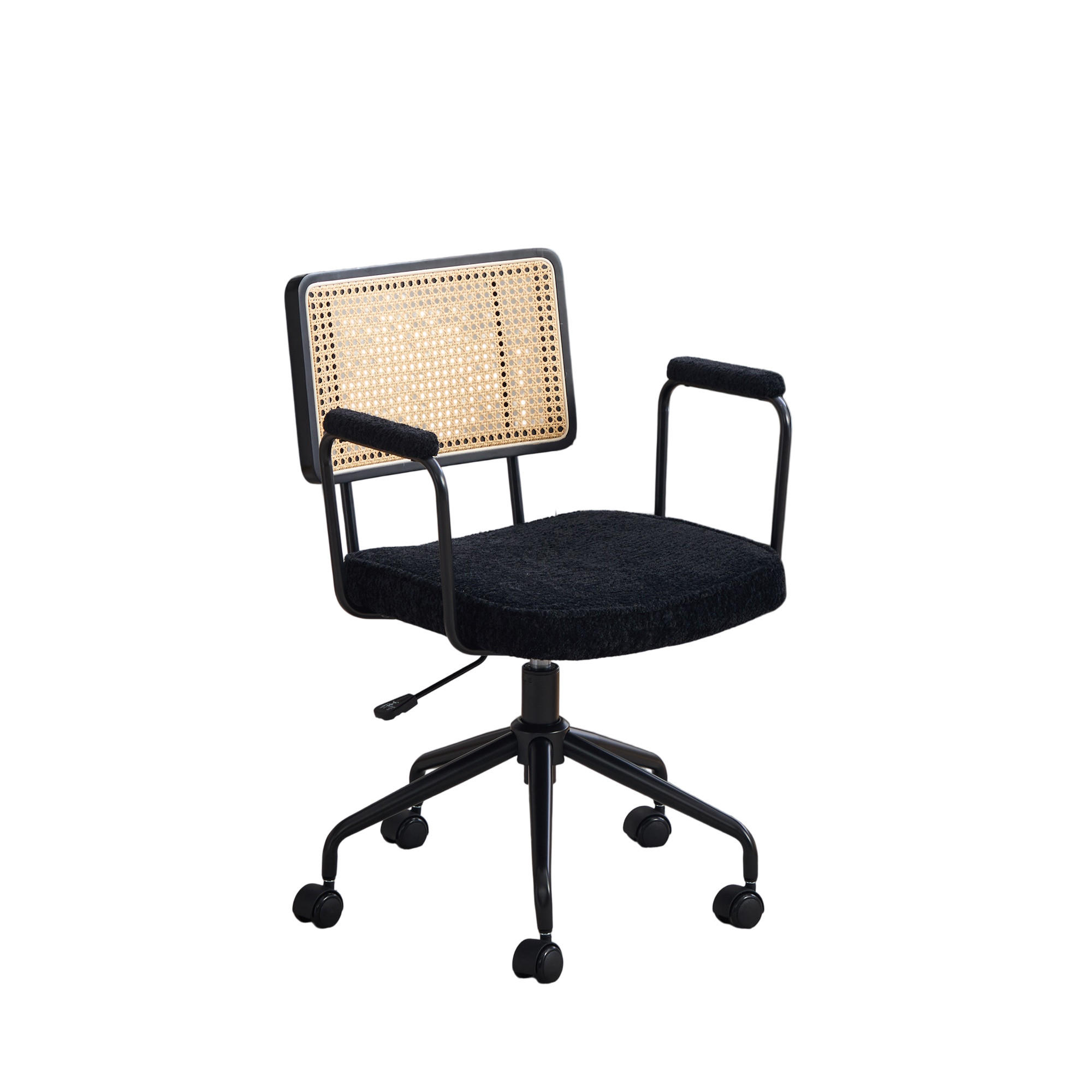 DREHSTUHL DE-36881 mit Rattan-Rückenlehne, Chenille-Sitz und Armlehnen Schwarz - Schwarz, Metall (58.5/91.5/61cm) - ComfortXL