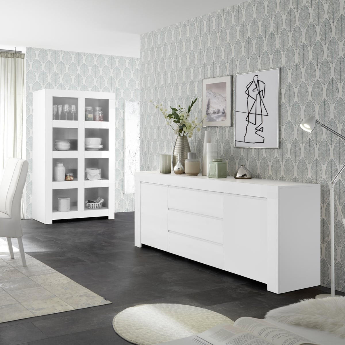 SIDEBOARD mit 2 Türen und 3 Schubladen L184 cm - Firenze - Weiß, Holzwerkstoff (184/81/42cm) - Calicosy