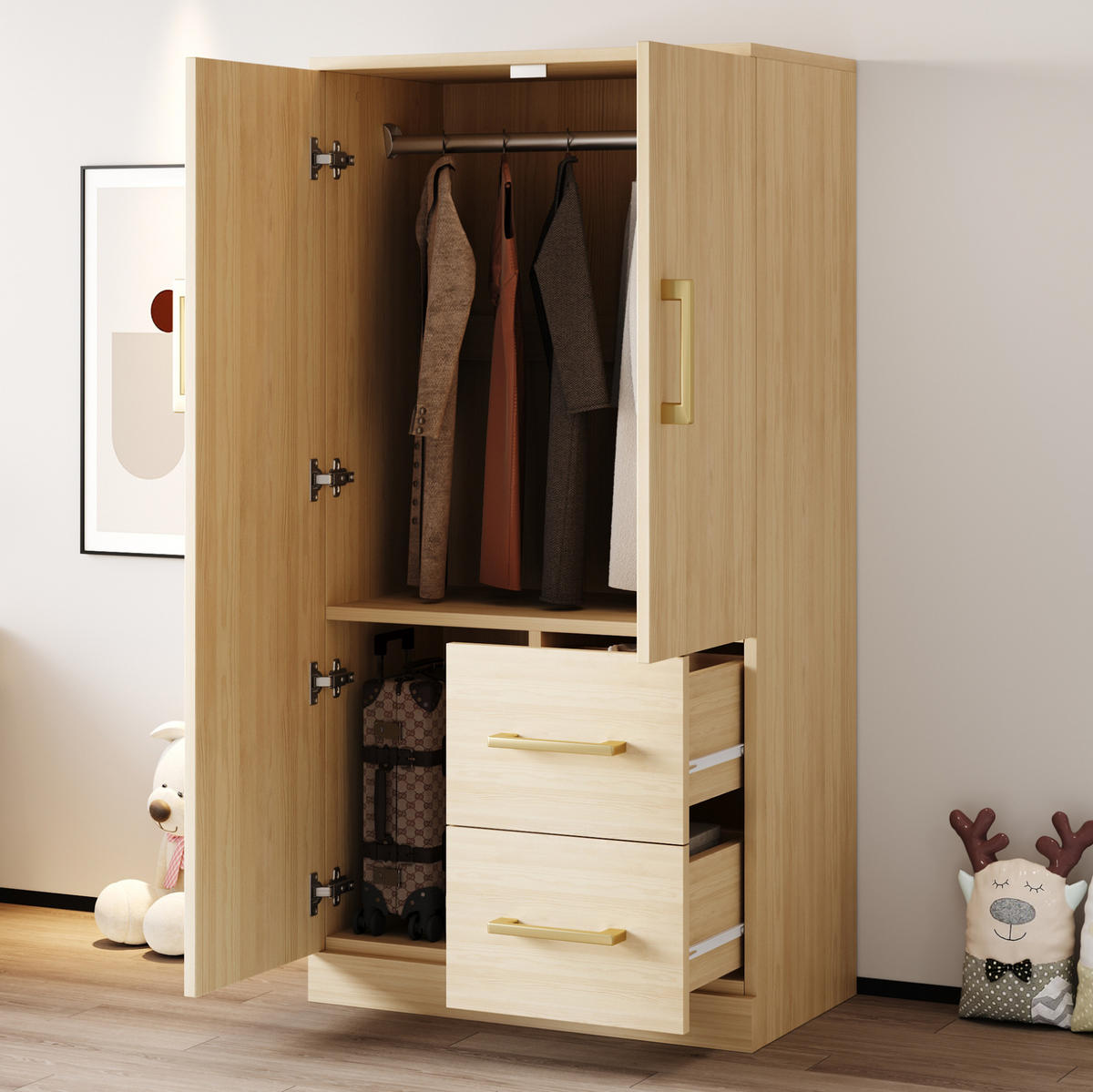 KLEIDERSCHRANK aus Holz 70x40x135 cm Holzfarbe mit Doppeltüren, 2 Schubladen und großem Stauraum - Naturfarben, Holzwerkstoff (70/135/40cm) - Modfu