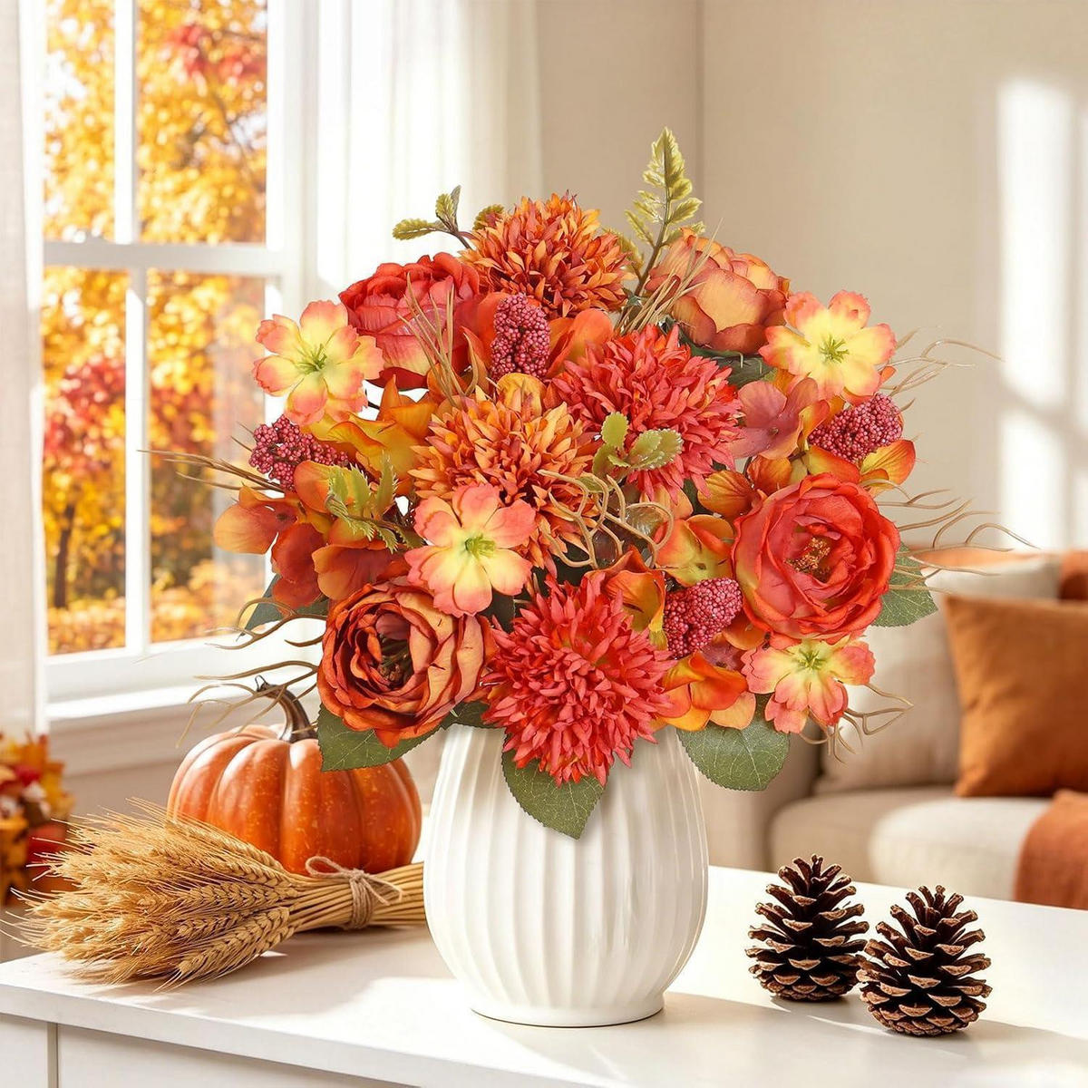 KUNSTBLUMEN Herbststrauß 2er Set Pfingstrosen Chrysanthemen 32 cm Orange - Orange, Textil (30cm)