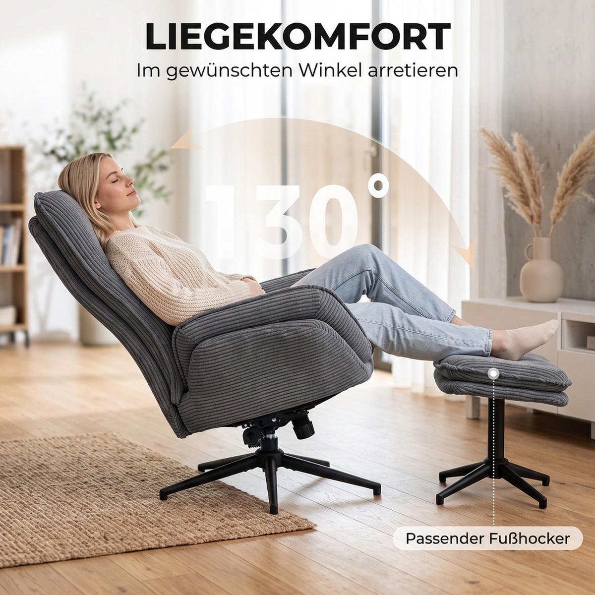 RELAXSESSEL mit Hocker Polyester Grau - Schwarz/Grau, Textil/Metall (72/107/83cm) - HOMCOM