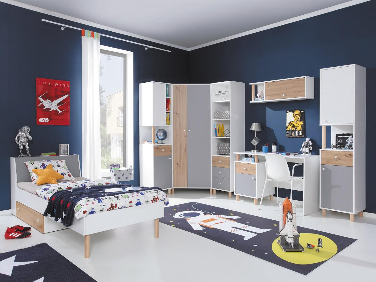 QMM TraumMöbel Jugendzimmer Weiß, Eiche, Grau 124x81x229 cm