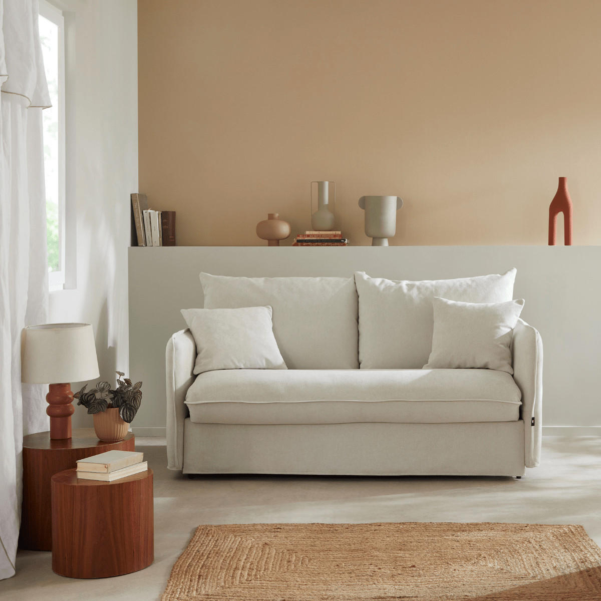 SCHLAFSOFA 3-sitzer mit express-Öffnung in stoff mika 185/104/90 cm - Beige, Holz (185/90/104cm) - Calicosy