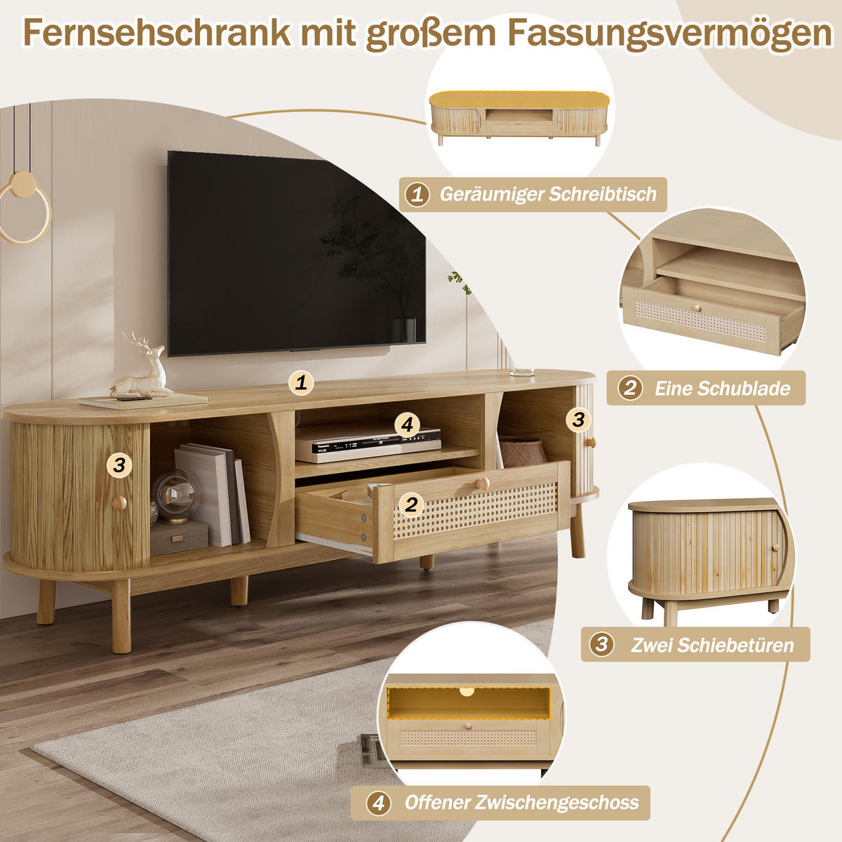 TV-SCHRANK 165 cm Natur MDF mit Rattan-Schublade, Schiebetüren & Stauraum - Naturfarben, Holzwerkstoff (165/46/37cm) - Urban Meuble
