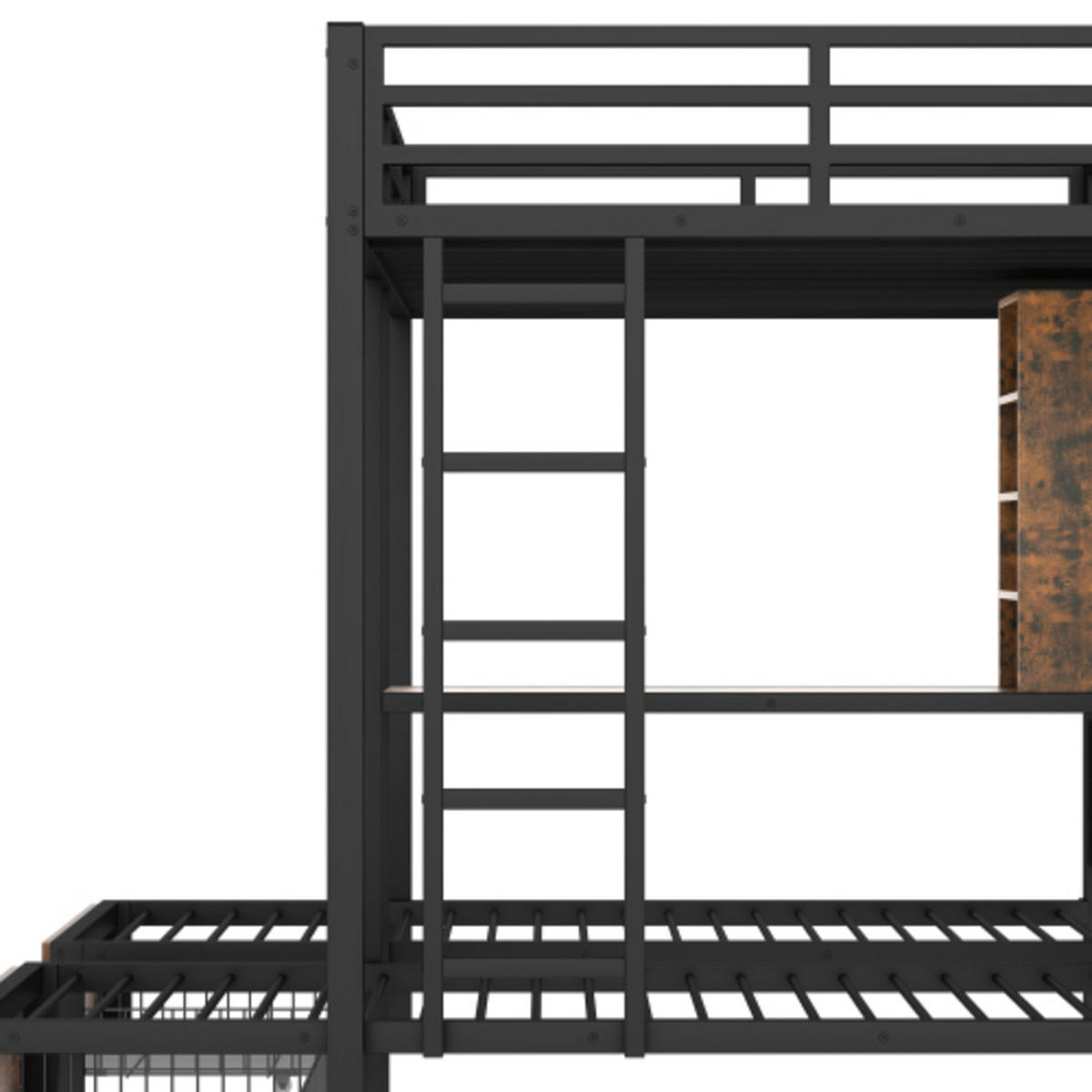 ETAGENBETT 140x200 cm & 90x200 cm, 3 Schlafplätze aus Metall und MDF mit Sicherheitsgeländern, 2 Schubladen und Staufächern, schwarz - Schwarz, Holzwerkstoff - Luhomfu