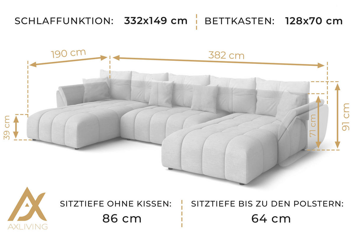 WOHNLANDSCHAFT Antalya Schwarz 382/190/91 cm – Sofa mit Bettfunktion - Schwarz, Kunststoff/Textil (382/91/190cm) - AX Living