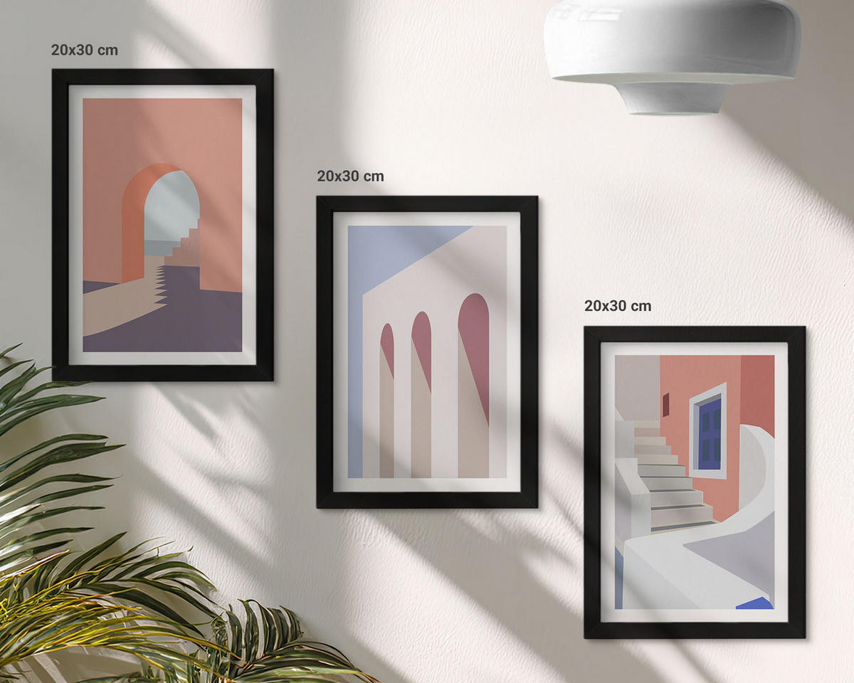 WANDBILDER 3er-Set - 20x30 cm Schwarzer Rahmen - Minimalistische Architekturillustrationen - Schwarz, Kunststoff (20/30cm) - ArtPrintCave