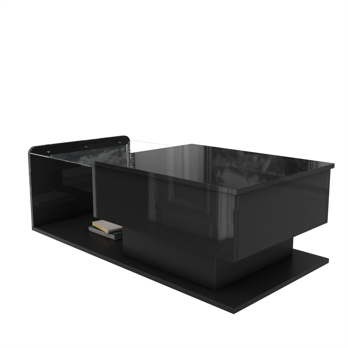 COUCHTISCH Hochglanz Schwarz mit Glasplatte und LED-Beleuchtung - Schwarz, Holzwerkstoff (100/50/33cm) - Korfee