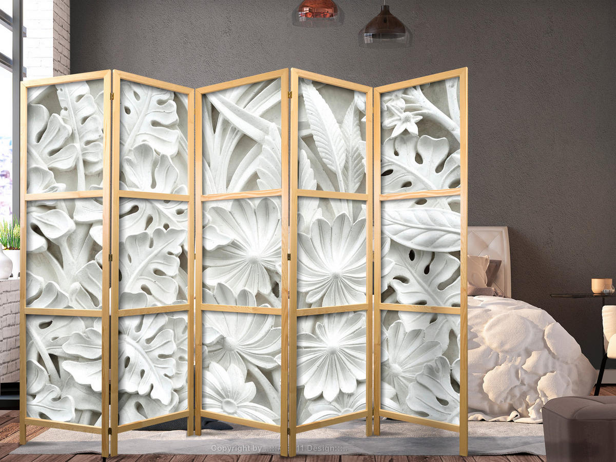 PARAVENT Japanischer 5-tlg 225x172 cm Wei e Bl tter 3D - Grau, Holz/Textil (225/172/3cm) - Muralo