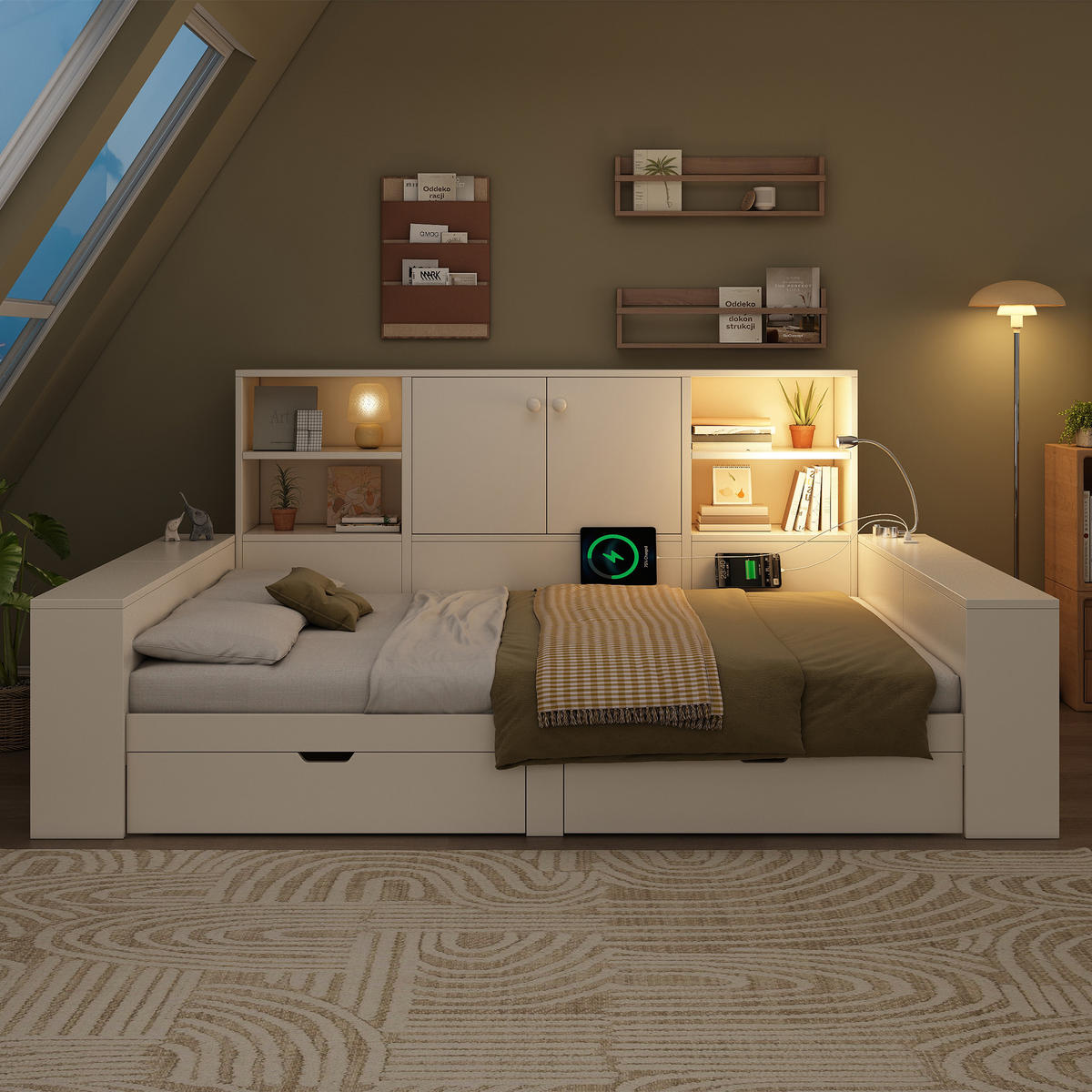 BETT 140/200 cm in Weiß mit 2 Schubladen, Stauraum, USB, Type-C und Leselampe Holz Design - Weiß, Holzwerkstoff (140/200cm) - STILVORA