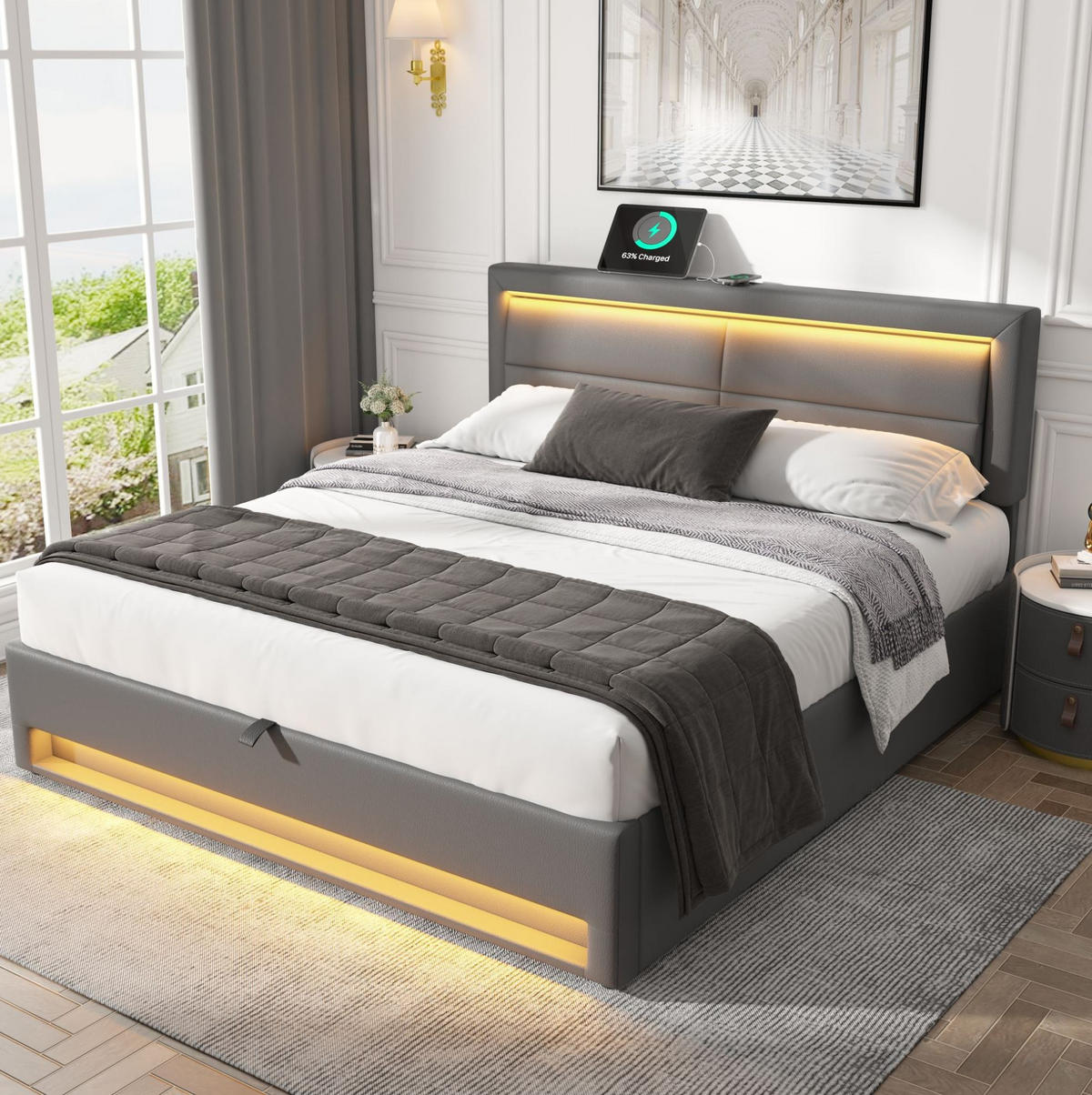 POLSTERBETT 160/200 cm Grau mit USB-Anschluss und LED-Beleuchtung - Grau, Kunststoff (160/200cm) - OKWISH