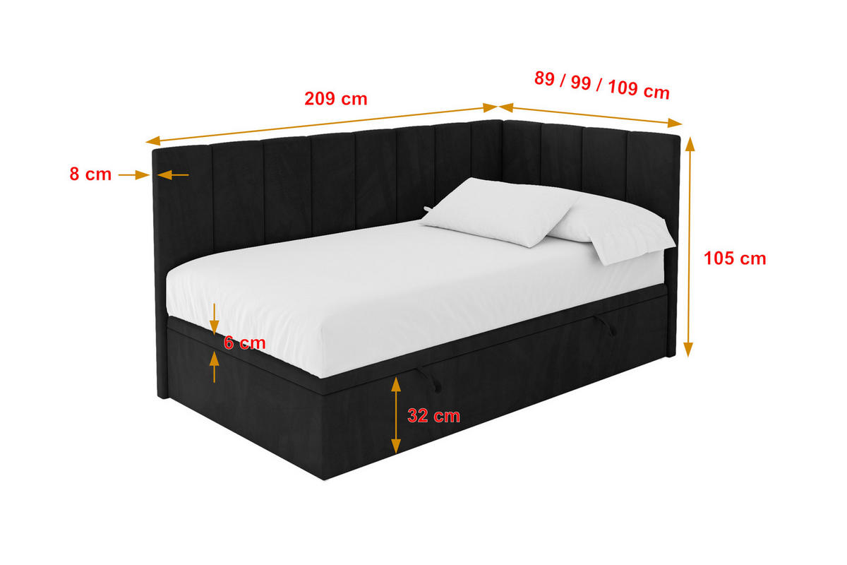 EINZELBETT Jugendbett mit Bettkasten Links, ohne Matratze - LOVY 80x200 Schwarz - Schwarz, Holzwerkstoff/Textil (80/200cm) - ALTDECOR