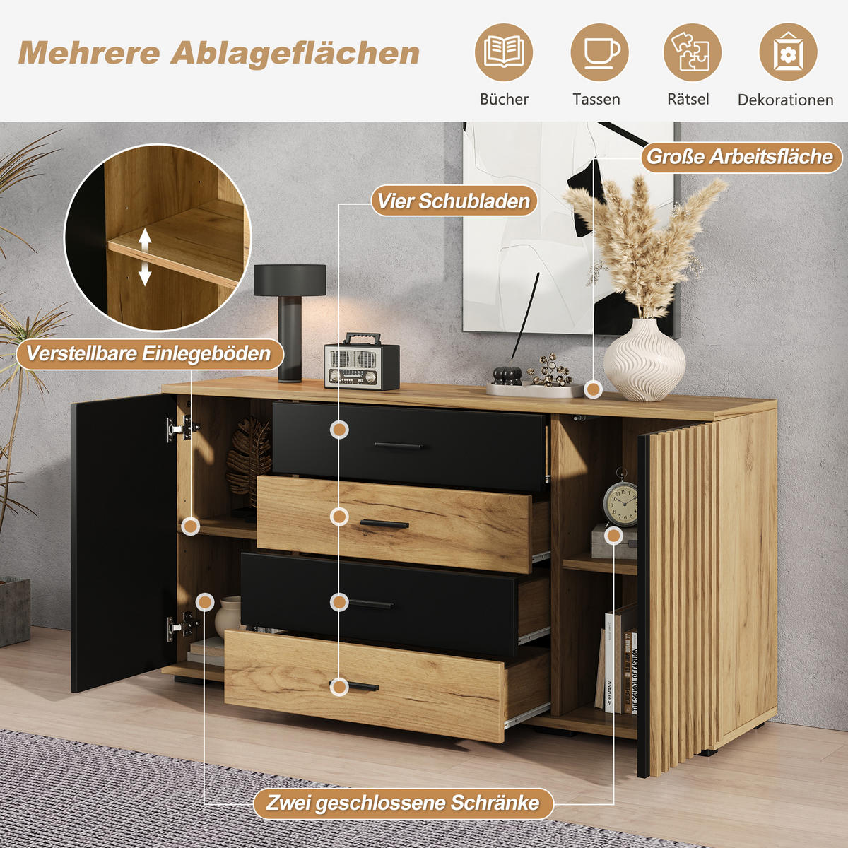 SIDEBOARD 140x35x70cm Eiche Schwarz mit 4 Schubladen - Schwarz, Holzwerkstoff (140/70/35cm) - FLIEKS