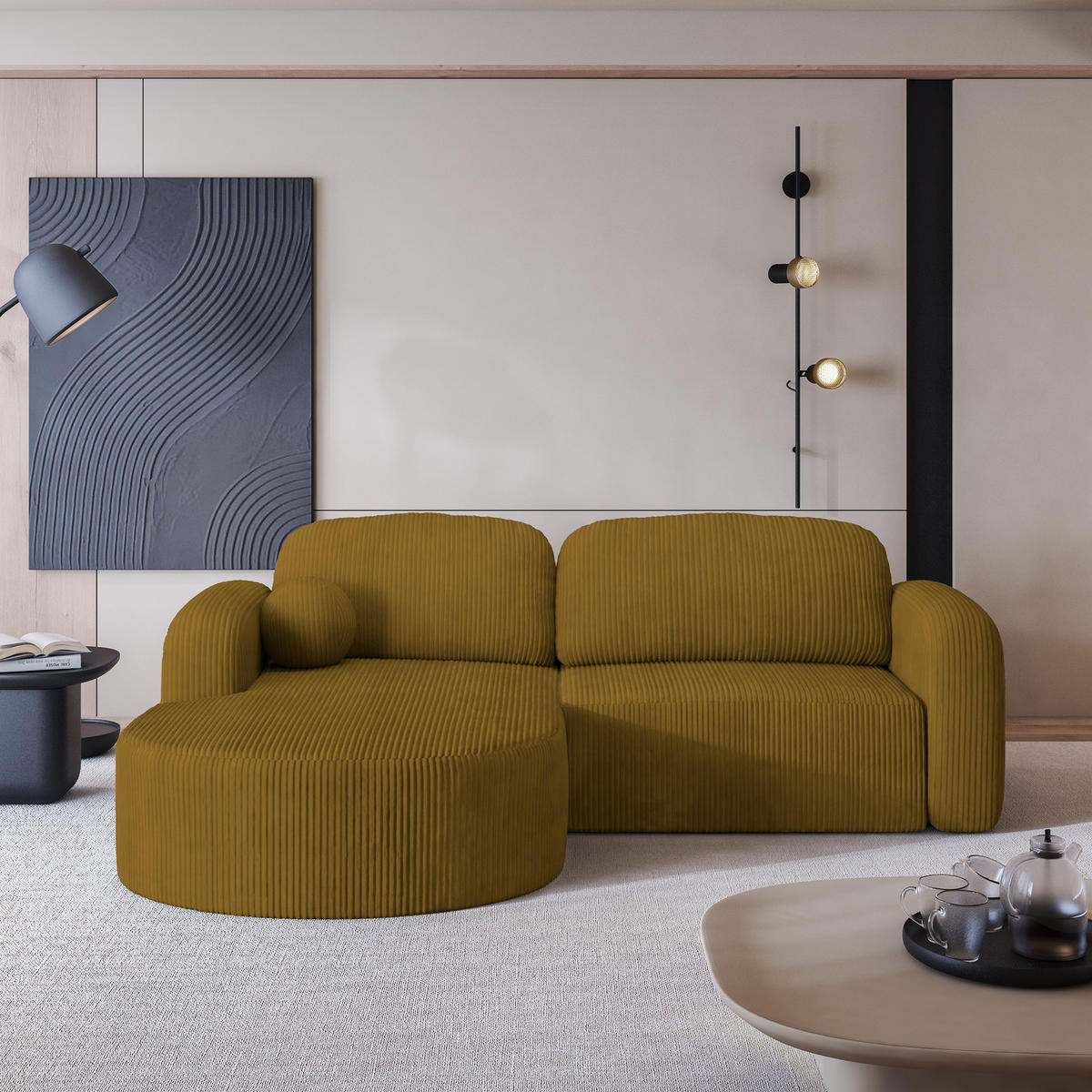 ECKSOFA AMILIA P L-S Gelb Kordstoff mit Schlaffunktion - Gelb, Holz (263/174cm) - MASSENO