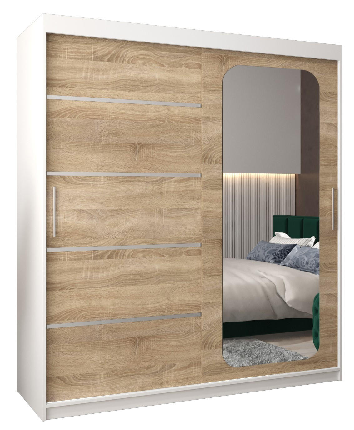 Abiks Möbel Schwebetürenschrank Weiß, Sonoma Eiche 180x200x62 cm