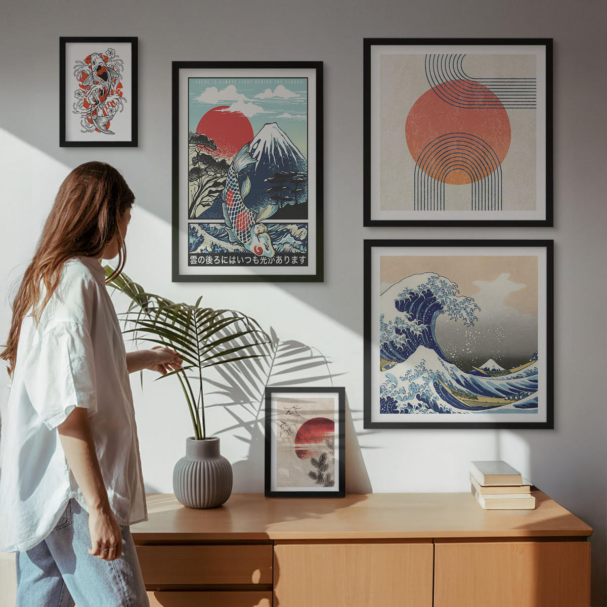 BILDER SET 5er Set - 50x50 cm & 20x30 cm & 40x60 cm Schwarzer Rahmen - Illustrationen von Fischbergen, die sich in Japan ausbreiten - Schwarz, Kunststoff (40/60cm) - TULUP