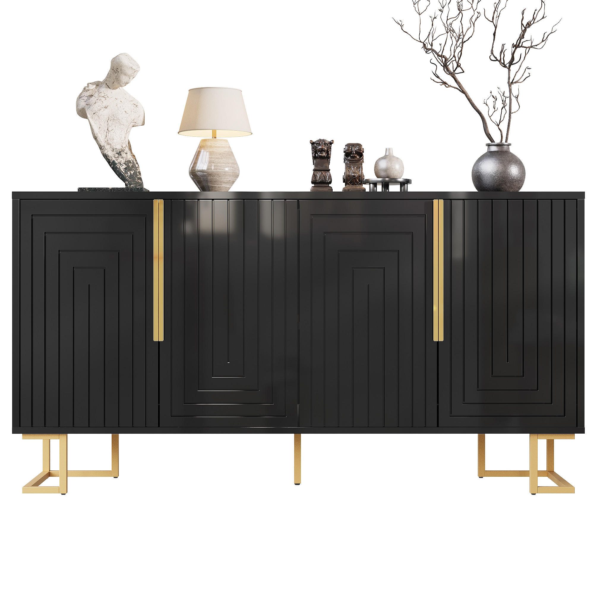 SIDEBOARD aus MDF 152x40x75 cm Schwarz mit 2 Türen, 4 Fächern, geometrischer Front und Kippschutz - Schwarz, Holzwerkstoff (152/75/40cm) - Modfu