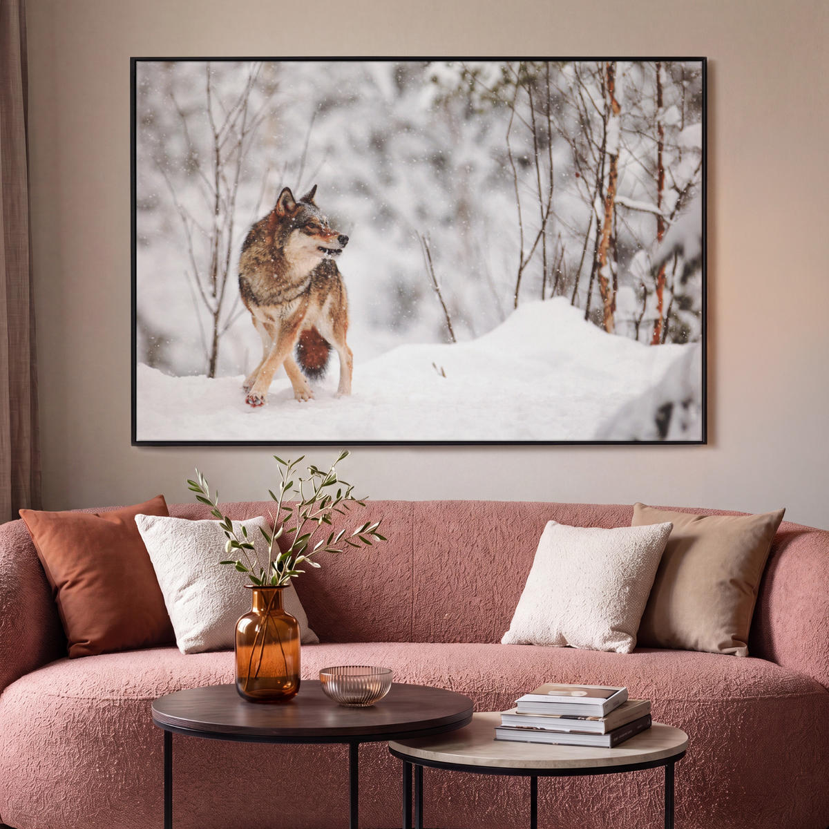 LEINWAND Bilder mit Rahmen - Wolf - Winter - Schnee - Natur - Tiere - 120x80 - Haselnussfarben, Textil (120/80cm) - MuchoWow